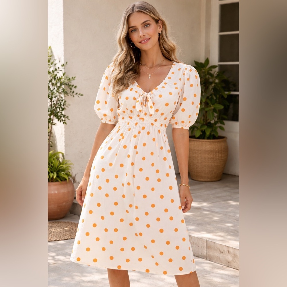 NWT Sim & Sam Ivory Orange Polka Dot Puff Sleeve Tie Front Midi Dress Smal